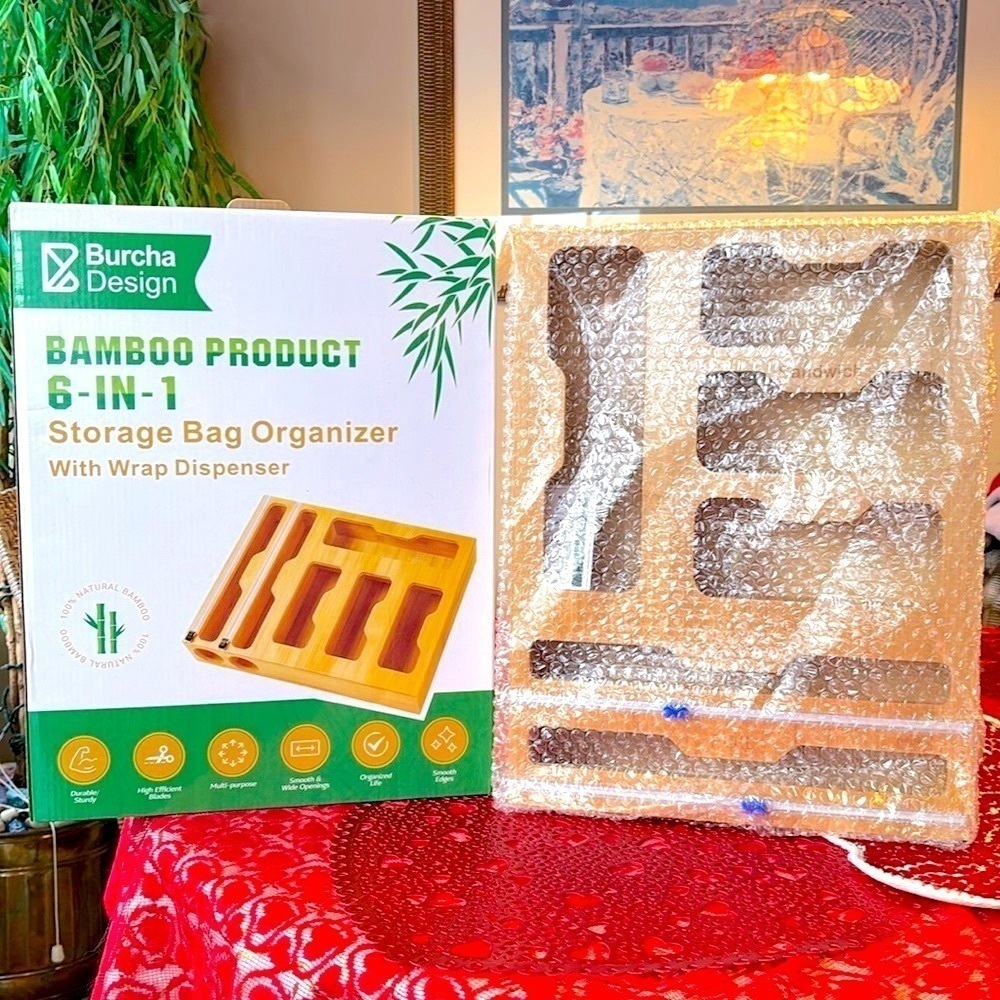 Brand New 6-in-1 Bamboo Storage Bag Organizer Foil Plastic Wrap Cutter Kitchen